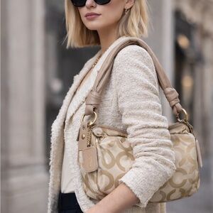 Coach Op Art Signature Canvas Shoulder Bag Beige Leather Hang Tag Style 13439